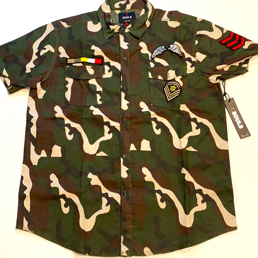 7 Souls Men’s Medium Camo Short Sleeve Button Shirt New D27e